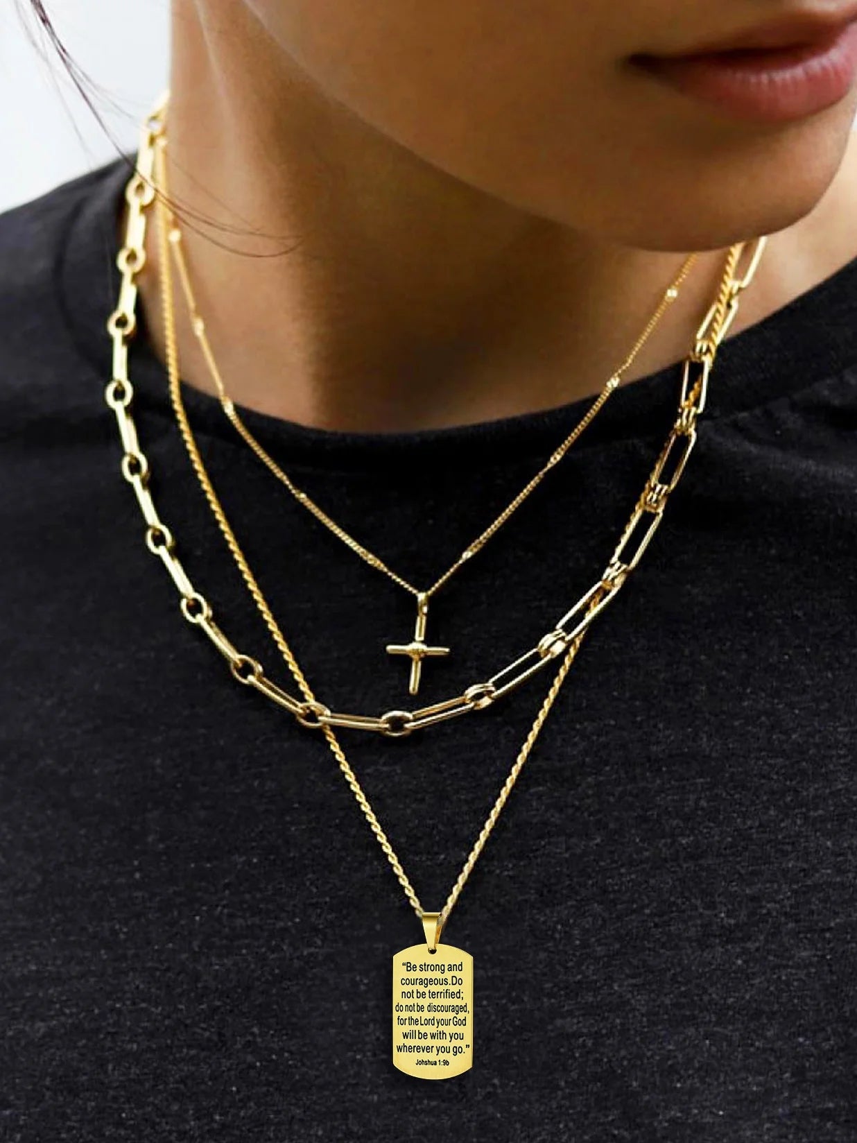 Men'S Gold Plated Cross Necklace Stainless Steel Dog Tag Necklace Christian Serenity Prayer Necklace Inspirational Jewelry Gift